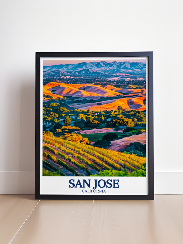 This California inspired print of San Jose includes the scenic Almaden Valley and the majestic Santa Cruz Mountains. The detailed design and vibrant colors make this poster a perfect piece for those who love Californias rich geography.