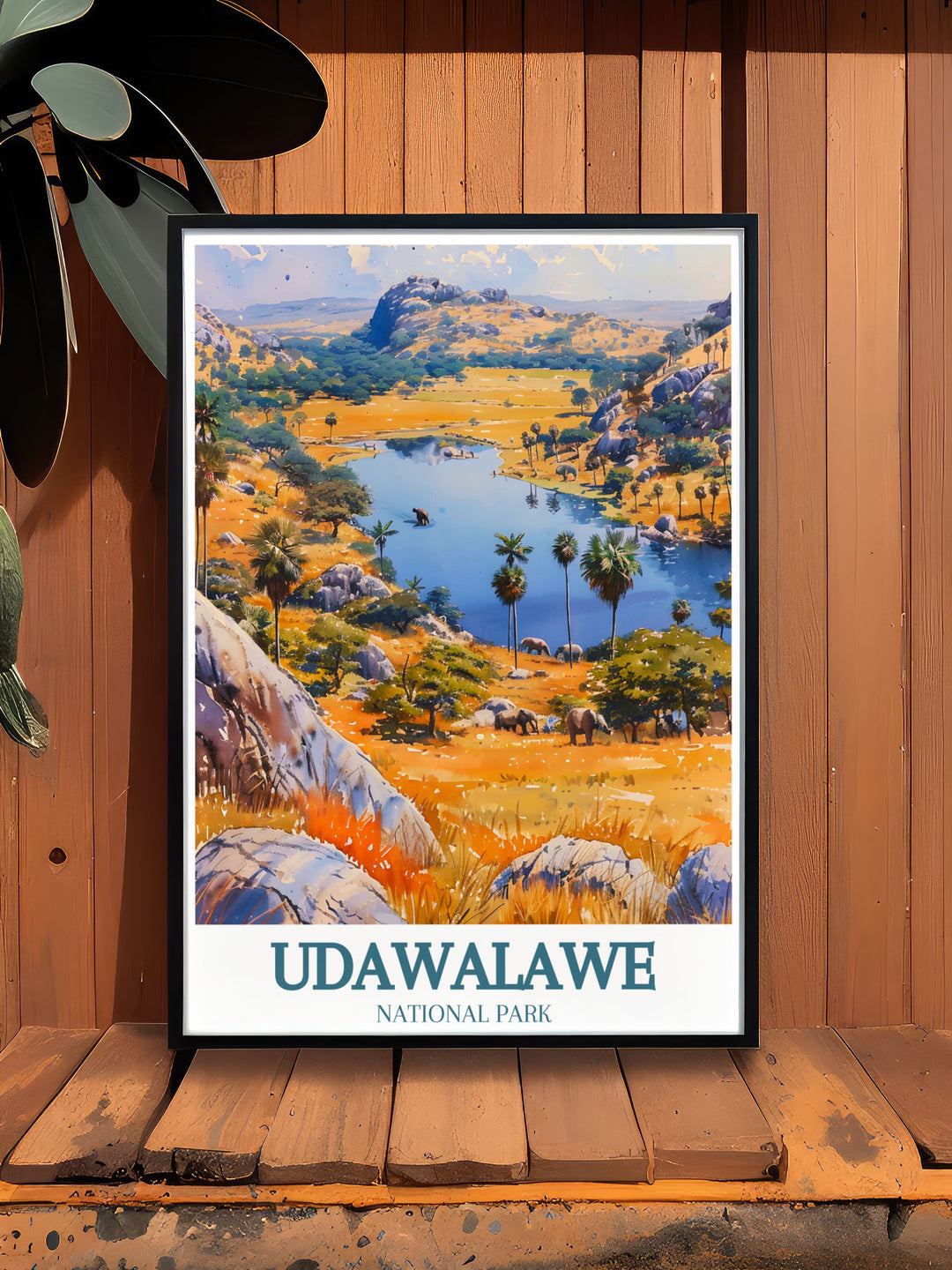 Beautiful Udawalawe Reservoir Walawe River safari poster ideal for bucket list prints collection showcasing the allure of Sri Lankas national parks and offering a window into the wild and serene beauty of Udawalawe.