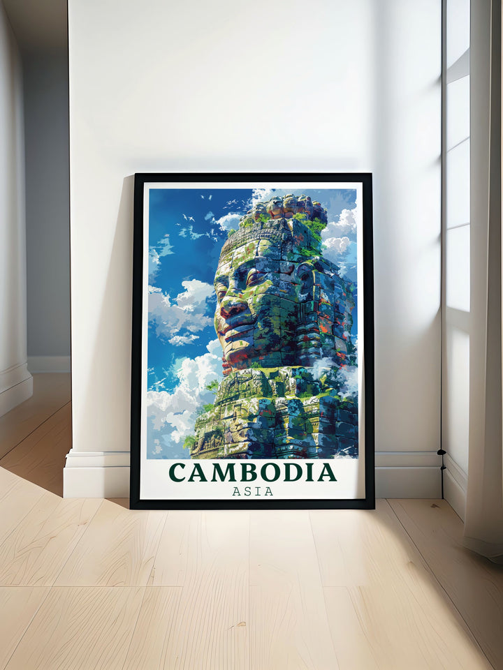 Bayon Temple travel poster showcasing the majestic beauty of Cambodias ancient architecture with intricate carvings and serene stone faces perfect for home decor.