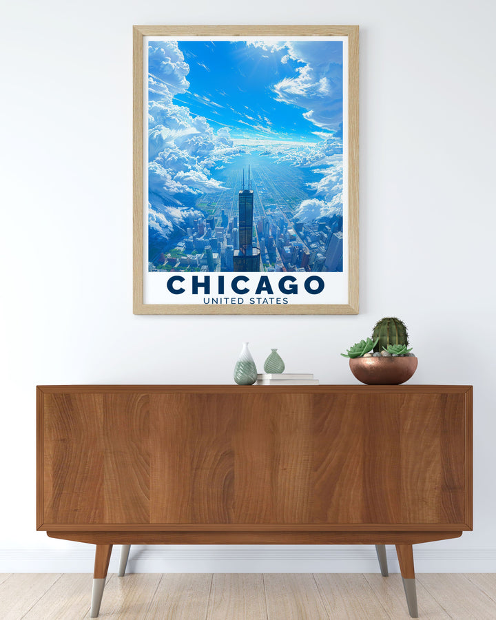 Vintage Willis Tower travel poster showcasing the iconic tower and the bustling Chicago skyline ideal for personalized gifts and adding a classic touch to your wall art collection.
