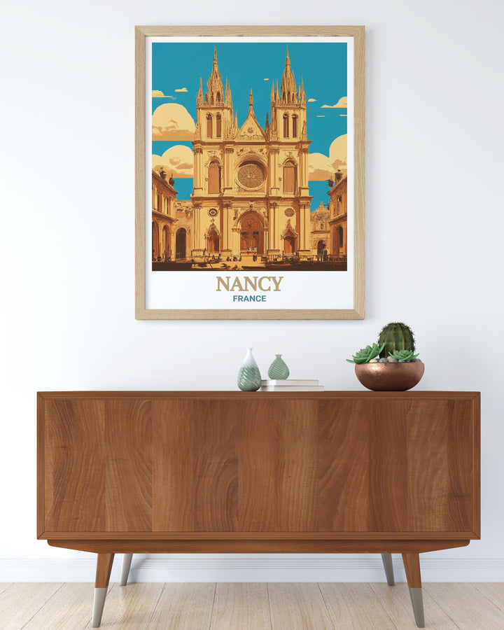 This Nancy framed art print offers a detailed representation of Frances Nancy Cathedral, making it a timeless addition to any home. The intricate craftsmanship of this travel poster makes it an ideal gift for France lovers.