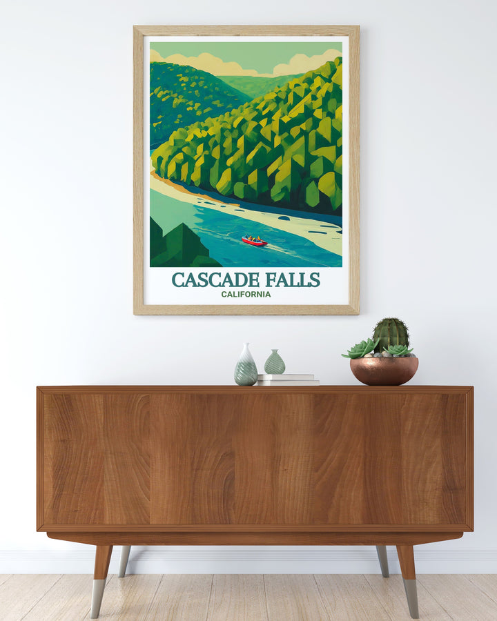 Capture the beauty of California travel with this Cascade Falls art print paired perfectly with New River modern prints for a stylish and nature inspired home decor that will impress guests and provide a calming atmosphere in any room.