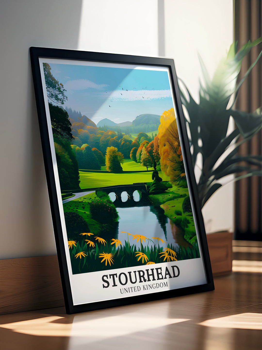 National Trust Canvas Art of Stourhead Gardens, highlighting the lush greenery, classical statues, and historic Palladian Bridge, making it a perfect piece for those who appreciate English landscape art and garden design.