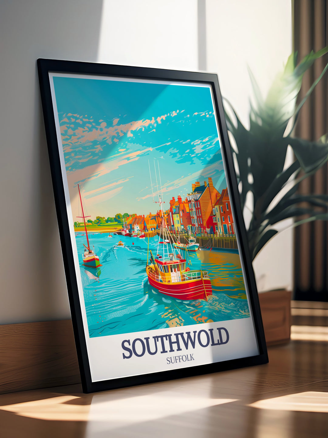 Captivating UK Travel Poster of Southwold Beach Huts and Southwold Lighthouse. This print highlights the charm of North Sea Southwold Harbor. An excellent addition to any travel print collection or as a unique gift for seaside lovers.