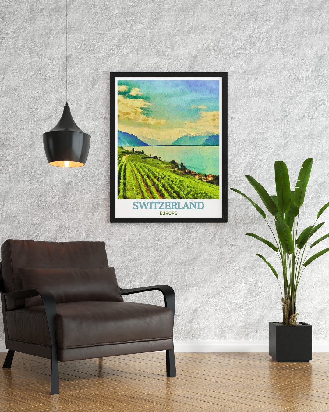 Scenic Switzerland travel poster featuring Lake Geneva, a historic and beautiful landmark in Switzerland. This print highlights the tranquil waters and the scenic surroundings, making it a perfect addition to any art collection.