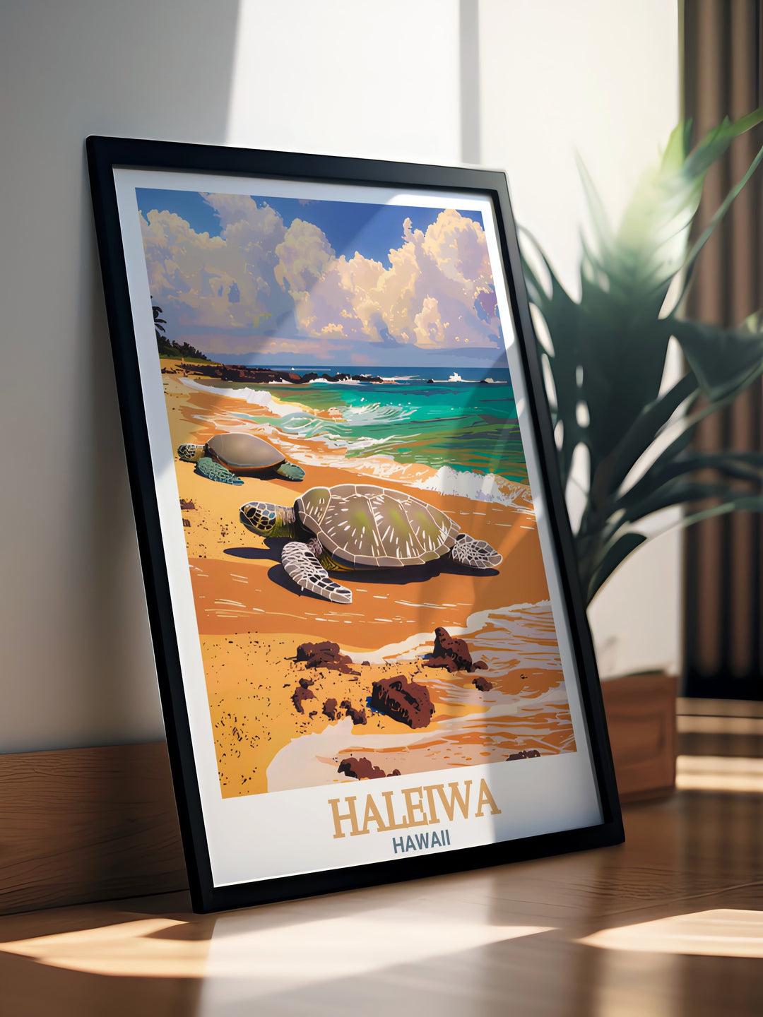 Vintage Haleiwa poster art with Laniakea Beach Turtle Beach adds a timeless touch to your home decor The rich color palette and scenic beauty of Hawaii come to life in this stunning travel print making it a perfect gift for art and beach lovers