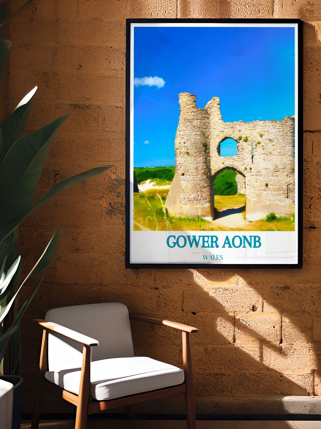 Pennard Castle and Three Cliffs Bay framed print offering a breathtaking view of the Welsh coastline ideal for enhancing any living room decor