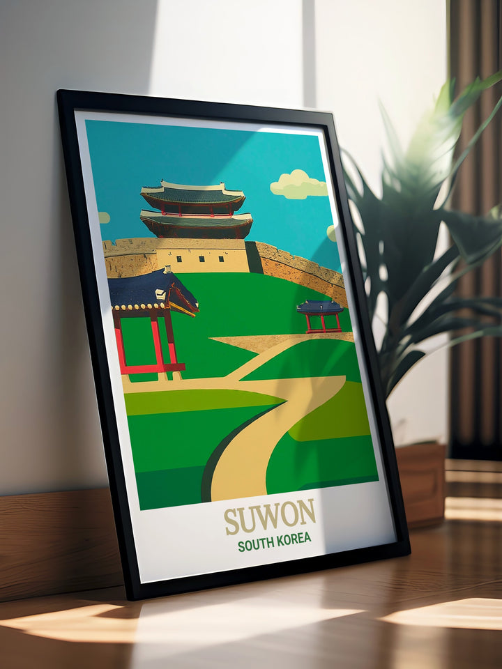 Hwaseong Fortress in Suwon is showcased in this South Korea travel poster, featuring its iconic walls and architectural brilliance. A striking piece of wall art for anyone looking to celebrate South Koreas rich history and cultural landmarks.