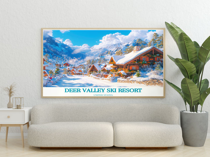 Deer Valley Ski Resort Art Print showcasing a winter wonderland with downhill skiing and mountain vista ideal for home decor and gifts.