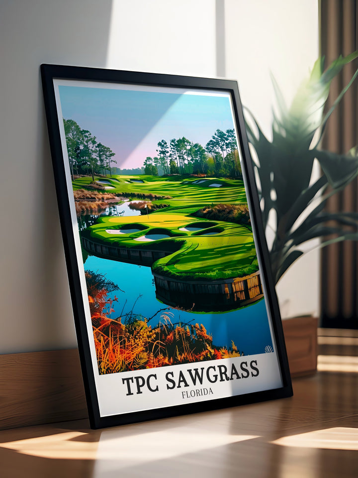 The 17th hole at TPC Sawgrass is a legend in the golfing world, known for its treacherous island green. This print captures the essence of this iconic location, offering a striking visual for any golf fan. Perfect for adding a touch of sporting history to your decor, this artwork celebrates the drama and beauty of TPC Sawgrass.