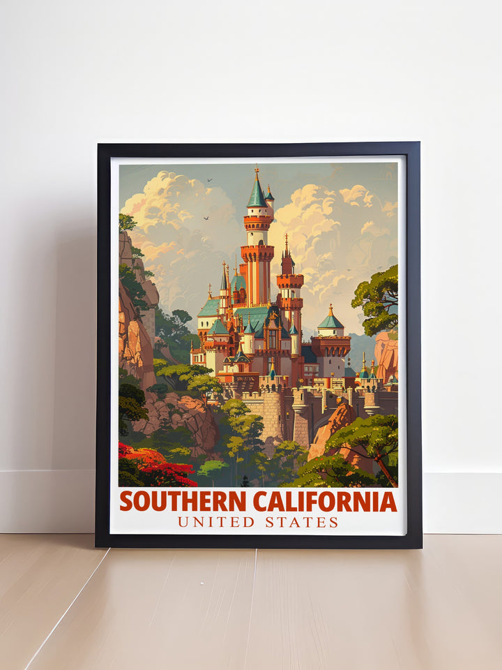 A beautifully detailed Sleeping Beauty Castle poster print from Southern California, highlighting the magical essence of Disneyland. This travel print is perfect for those who want to bring a touch of fairy tale magic into their home décor.