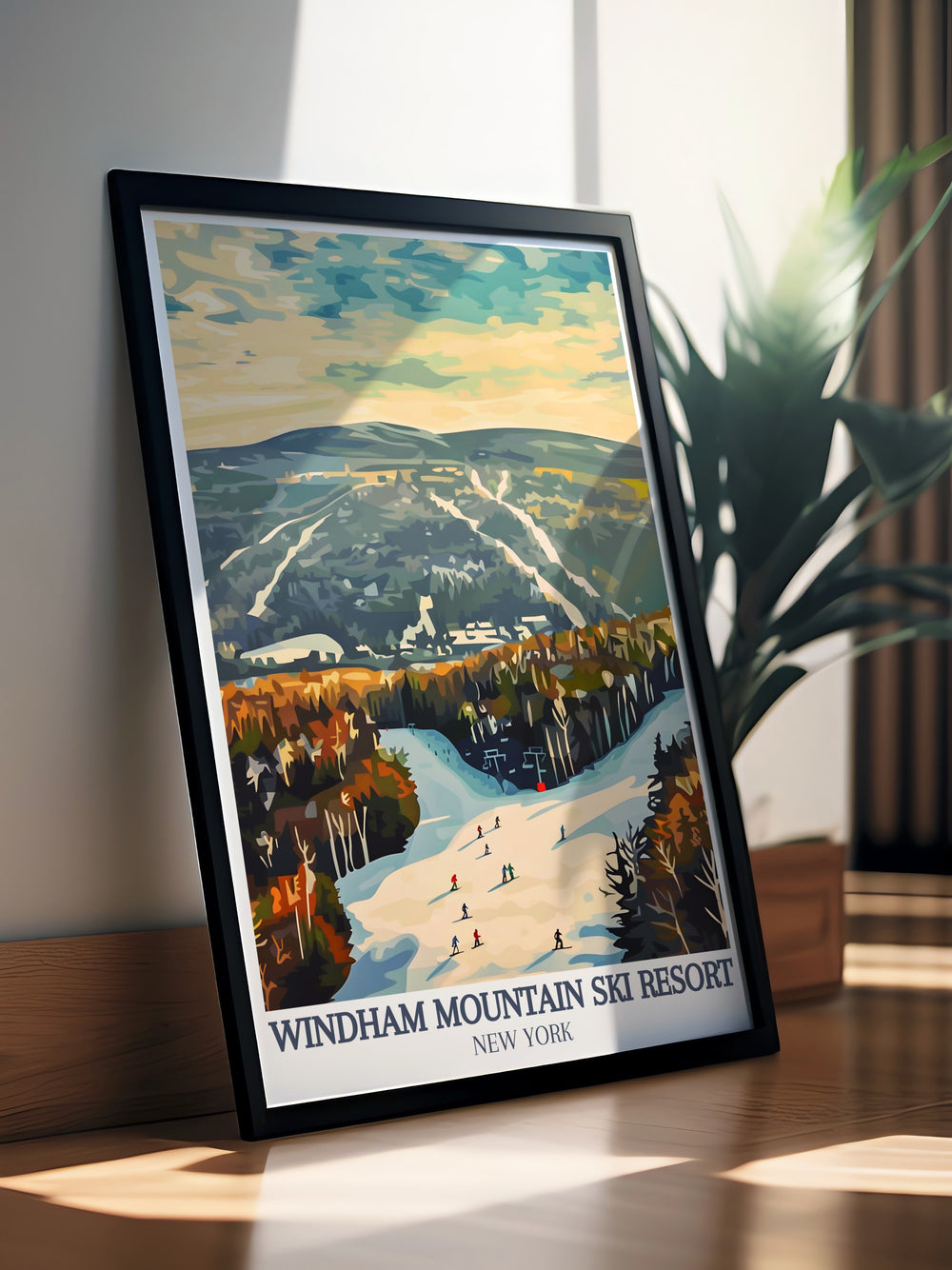 Windham, Catskill Mountains framed print showcasing a stunning ski resort scene that captures the charm of Windham Ski Resort bringing the beauty of New York skiing and snowboarding to your home decor with elegance