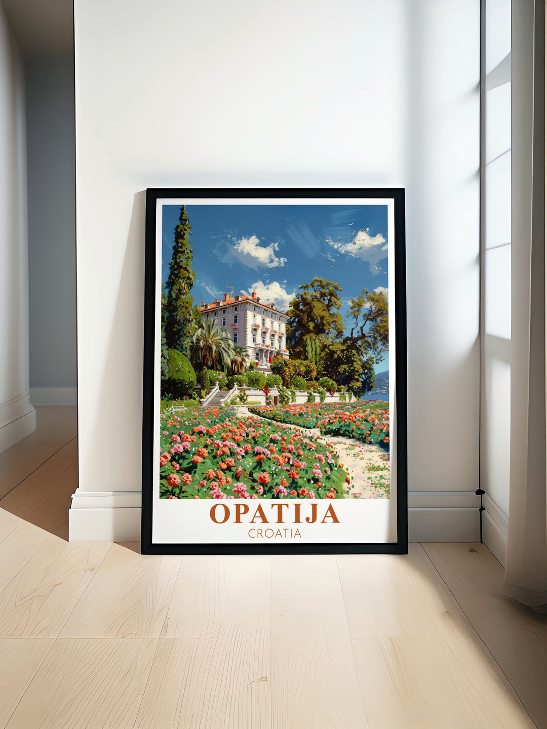 Discover the timeless beauty of Villa Angiolina in Opatija with this stunning poster print a perfect addition to your home decor featuring vibrant colors and intricate details that bring Croatias rich cultural heritage into your living space