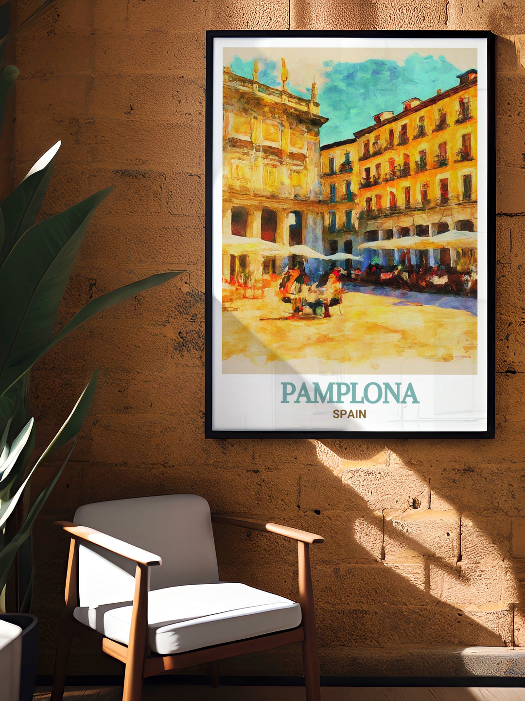 The vibrant life of Plaza del Castillo is captured in this Pamplona Travel Gift perfect for anyone looking to enrich their home with Spain wall art. This artwork showcases the historic square adding a touch of Spanish flair to any living room or office.