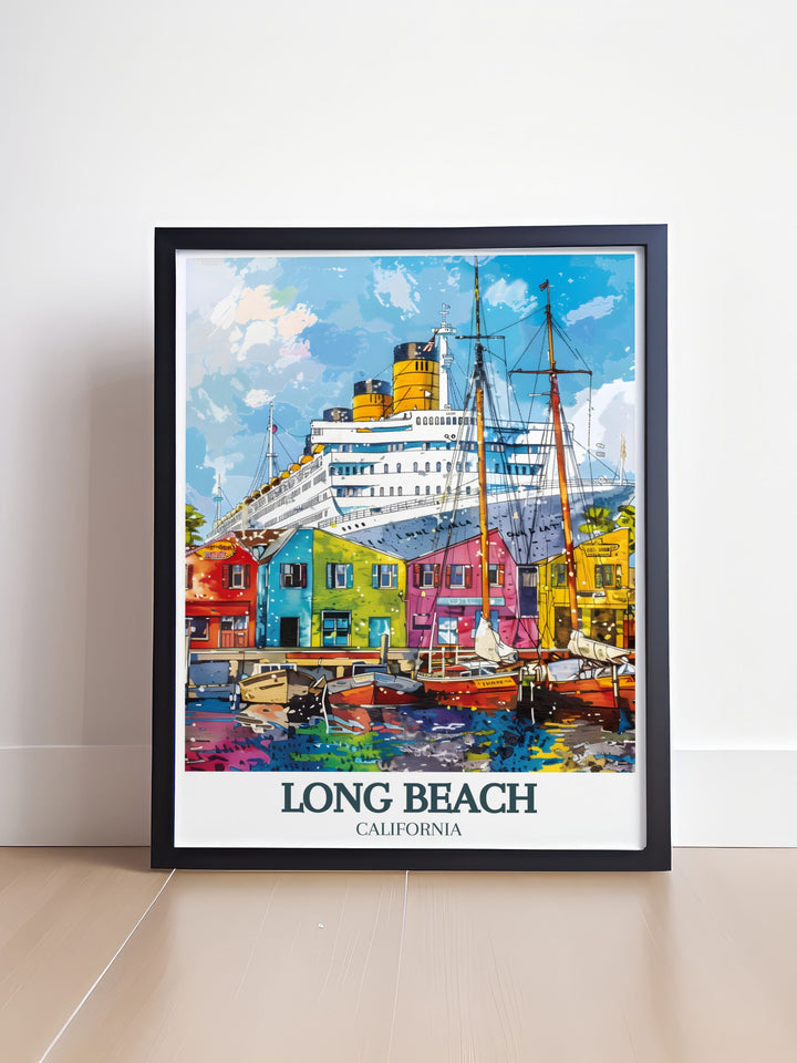 Queen Mary and Shoreline Village framed prints make the perfect personalized gift or home decor option. This Long Beach poster captures the skyline and city map in stunning detail, adding both sophistication and color to any living room or office.