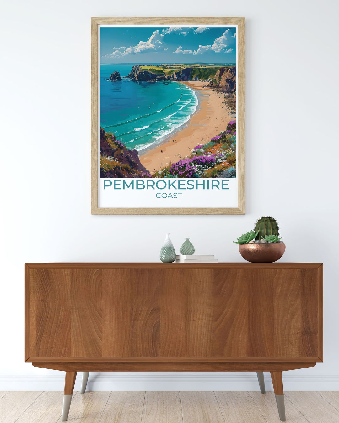 Pembrokeshire Coast travel poster featuring Barafundle Bay in a vintage style capturing the essence of this hidden gem with lush greenery and breathtaking views ideal for lovers of nature and vintage travel prints.