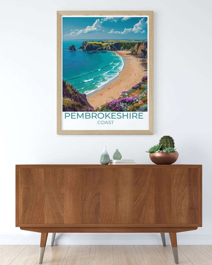 Pembrokeshire Coast travel poster featuring Barafundle Bay in a vintage style capturing the essence of this hidden gem with lush greenery and breathtaking views ideal for lovers of nature and vintage travel prints.