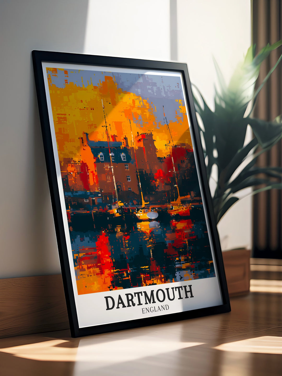 The historic Dartmouth Harbour, surrounded by charming architecture and the River Dart, is showcased in this canvas art. Ideal for enhancing any living space with a touch of English maritime history and scenic riverside views.