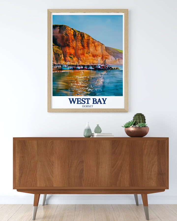 West Bay Harbour wall poster highlights the charm and liveliness of one of the Jurassic Coasts busiest spots. Ideal for those who appreciate coastal living, this artwork brings the energy of the harbor into your home, offering a unique piece of UK travel art.