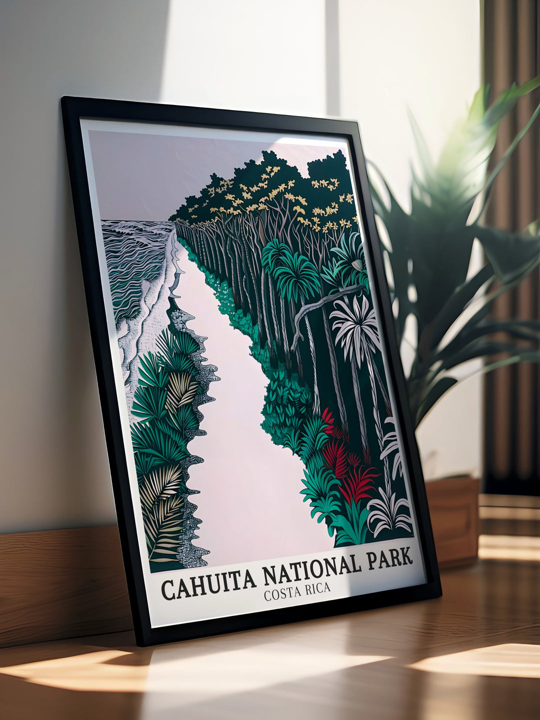 Cahuita Poster Print captures the natural beauty of Costa Ricas Cahuita National Park, showcasing its pristine coastline, lush rainforests, and crystal clear waters. This travel print is ideal for nature lovers and anyone looking to add a touch of tropical serenity to their home décor.