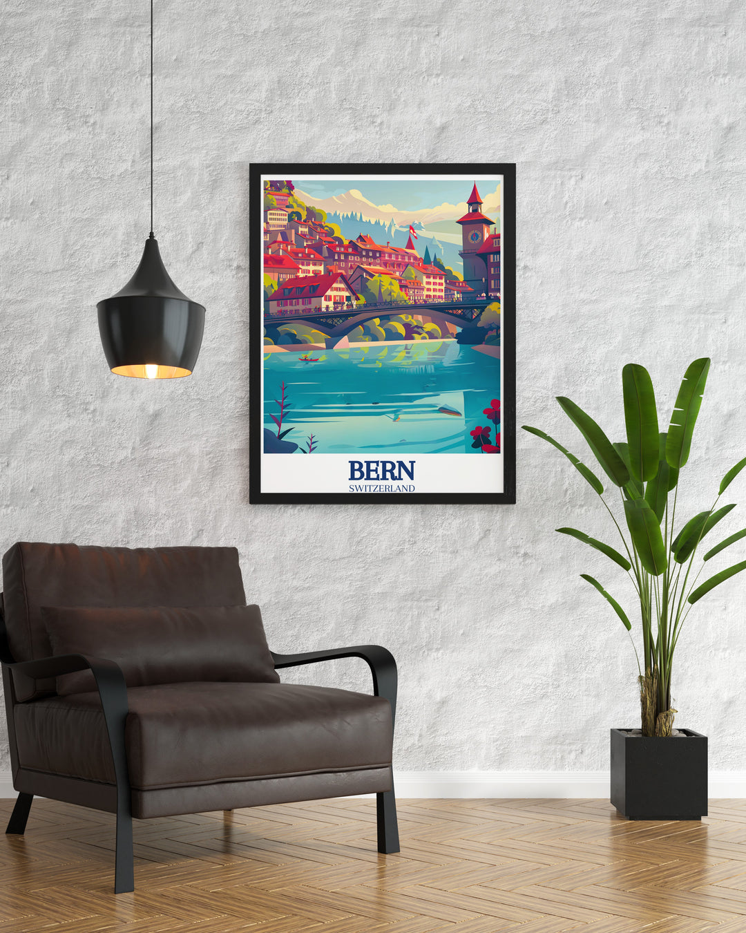 Bern travel print captures two of the citys most beloved landmarks the Nydegg Bridge and the Aare River. This Swiss art print is perfect for those looking to add a blend of historical architecture and natural beauty to their home.