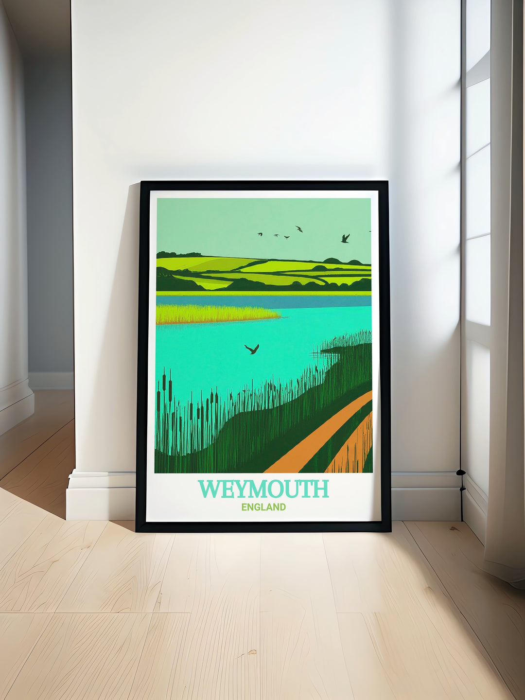 Travel poster of Radipole Lake Nature Reserve in Weymouth. This print captures the lush greenery, calm waters, and diverse birdlife of the area, making it a stunning addition to any nature or travel art collection.