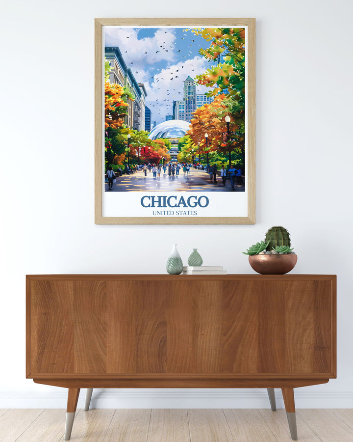 This Millennium Park travel poster beautifully captures the vibrant mix of nature and architecture. Perfect for adding a lively and modern touch to your decor, this art print reflects the unique skyline and artistic heritage of Chicago.