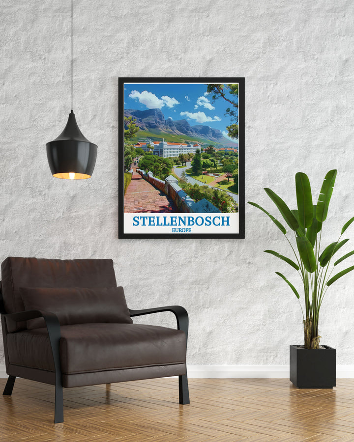 Celebrate the stunning scenery of Stellenbosch University with this detailed art print, showcasing the ivy clad buildings and tranquil gardens.