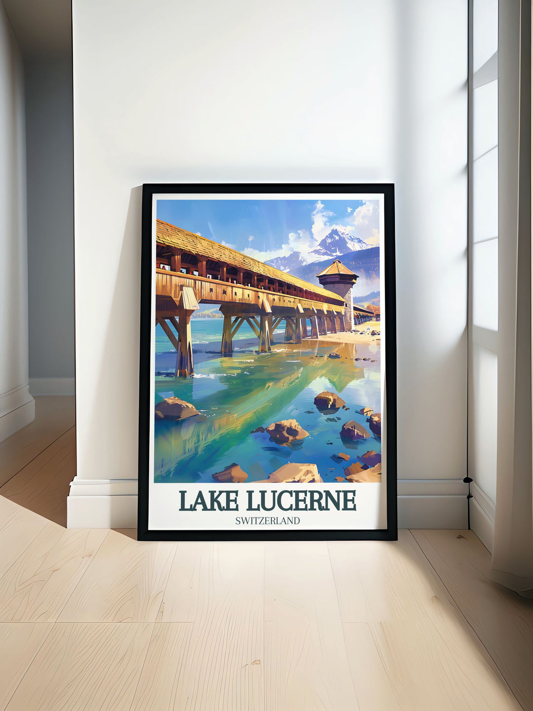 Lake Lucerne poster print featuring Chapel Bridge and Mount Pilatus captures the beauty of Switzerlands iconic landmarks. Perfect for adding elegance to any space, this Switzerland art brings the serene landscape of Lake Lucerne into your home decor.