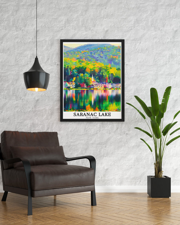 Experience the charm of New York State with this stunning Saranac Lake artwork Showcasing the peaceful Lake Flower and Saranac River this print is perfect for those who love nature decor and want to add a touch of elegance to their living space