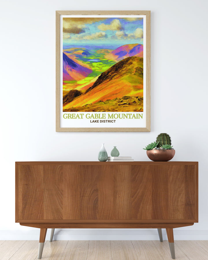 Our Lake District travel poster features the peaceful yet powerful landscape of Great Gable and its surrounding peaks. The detailed artwork captures the soft hues of the rolling hills, the dramatic shadows of the mountains, and the tranquil atmosphere of the Lake District. This travel poster is ideal for those who wish to bring a piece of Cumbrias natural beauty into their home decor.