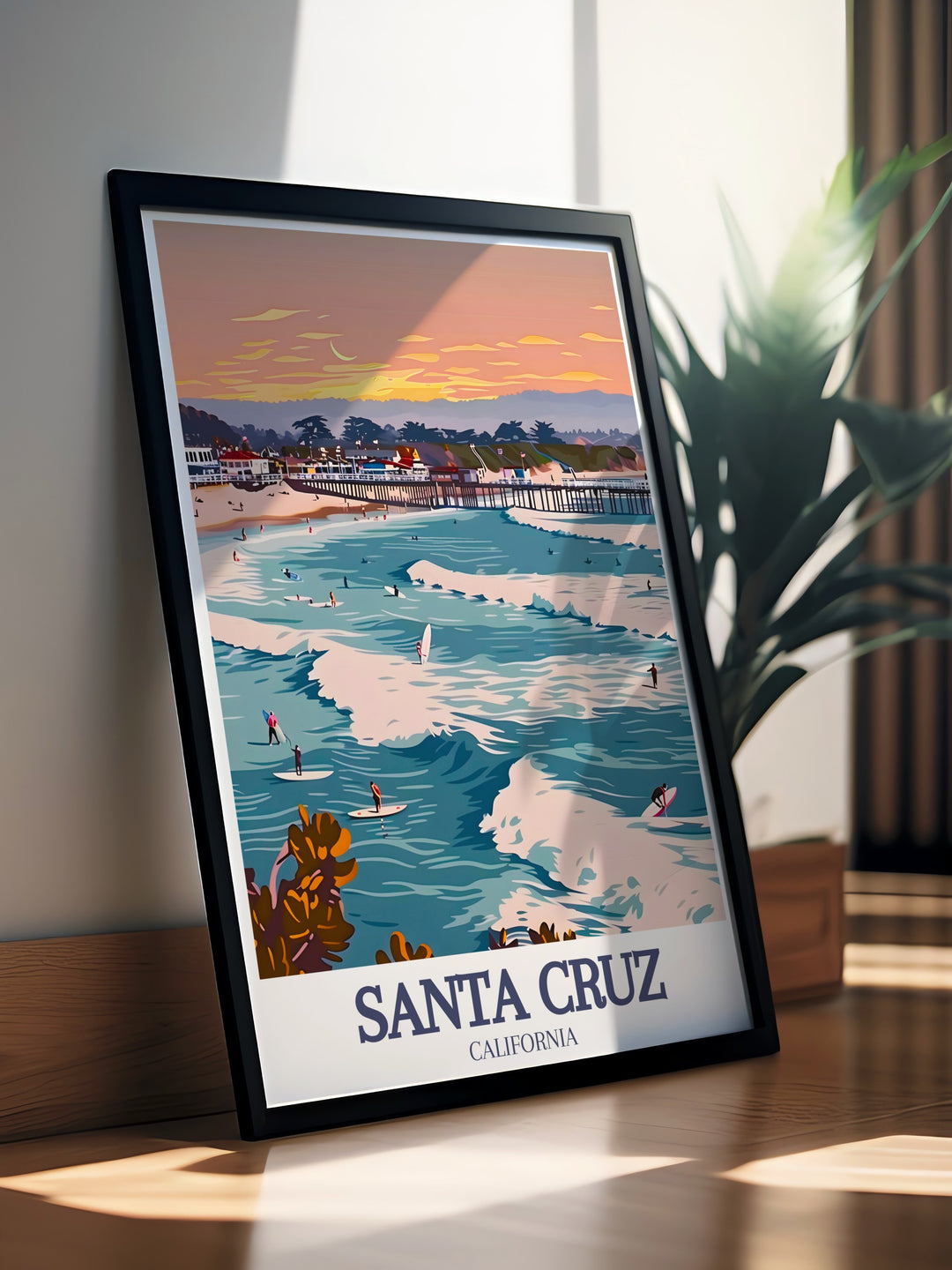 Santa Cruz Beach Boardwalk and Santa Cruz Wharf stunning prints capturing iconic scenes perfect for California decor lovers modern California artwork ideal for wall décor in living rooms bedrooms or offices vibrant and beautiful Santa Cruz prints.