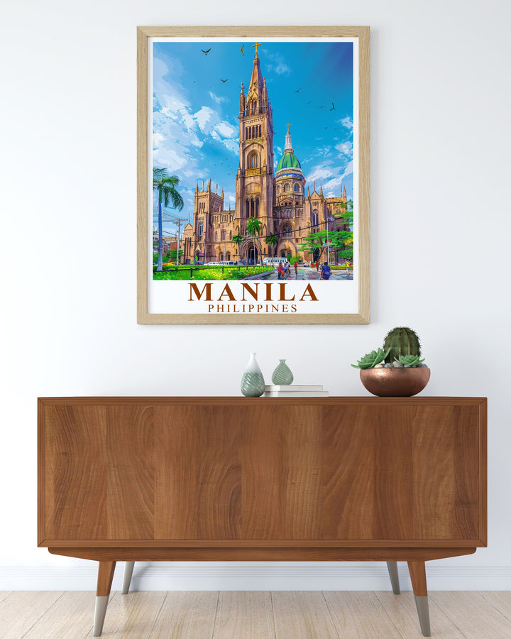 Featuring the stunning Manila Cathedral and the vibrant cityscape, this Manila Travel Print is perfect for those who wish to celebrate the rich history and lively energy of the Philippines in their home décor.