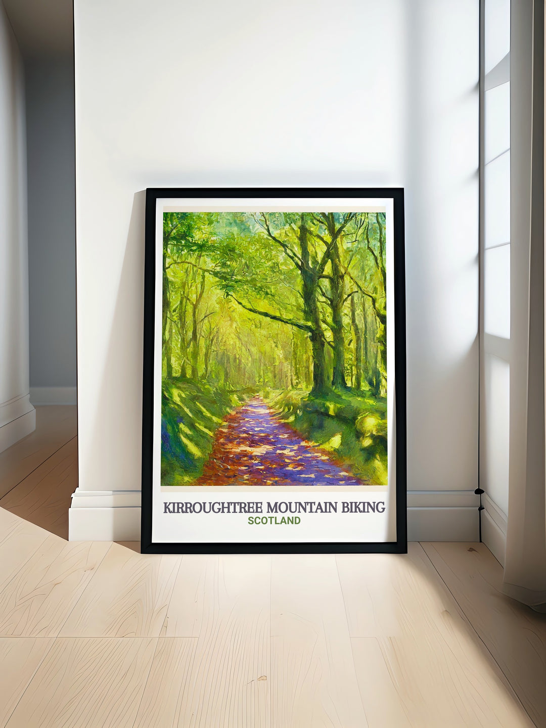 Bruntis Loch and Kirroughtree Mountain Biking framed art, depicting the famous 7stanes MTB Trails set against the scenic backdrop of Galloway Forest Park. This cycling wall art offers the perfect combination of sport and nature, ideal for adding a touch of outdoor excitement to any space.