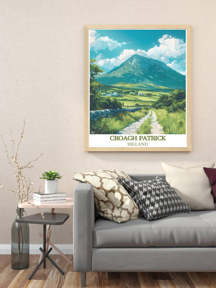 Add a touch of Irish charm to your home with this stunning artwork of Tochar Phadraig featuring the picturesque Croagh Patrick and the revered Saint Patrick statue. This Ireland travel print is perfect for anyone who loves Irish culture and heritage.