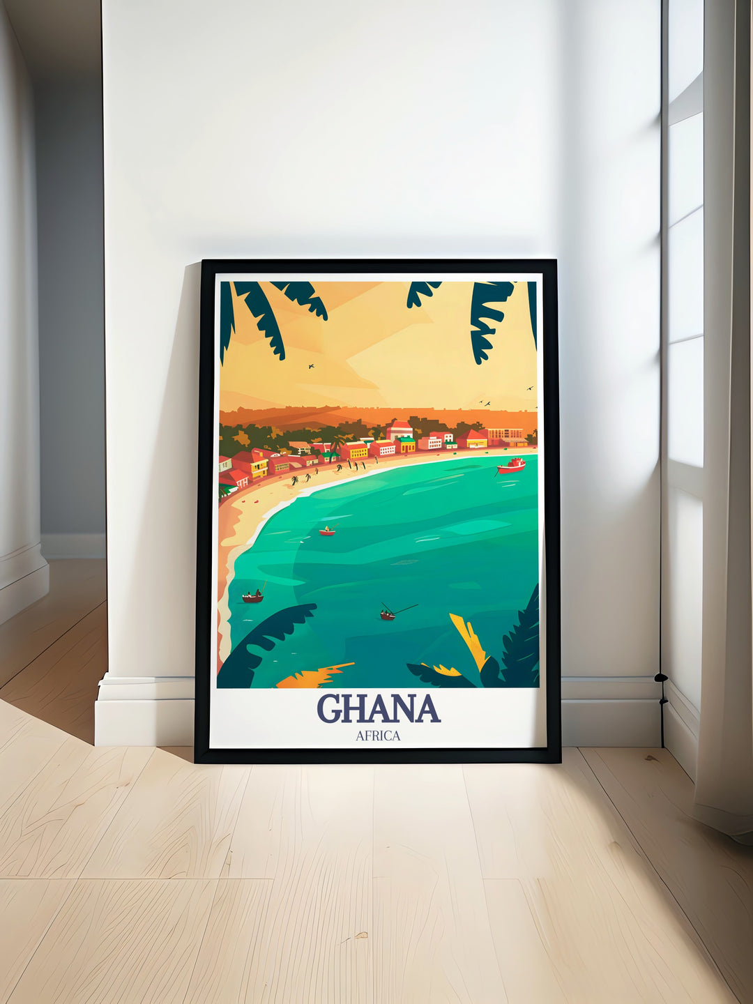 Explore the stunning landscapes of Ghana with this Accra travel print. Featuring the citys skyline and the picturesque Labadi Beach, this artwork is perfect for those who appreciate travel art and want to bring a touch of Africa into their home.