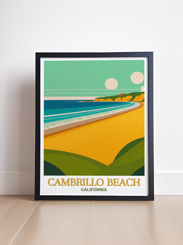 Discover the allure of Cambrillo Beach with this elegant California artwork. This poster print is a wonderful addition to your living room decor capturing the serene vibe of Cambrillo Beach and providing a perfect way to celebrate California in your home.