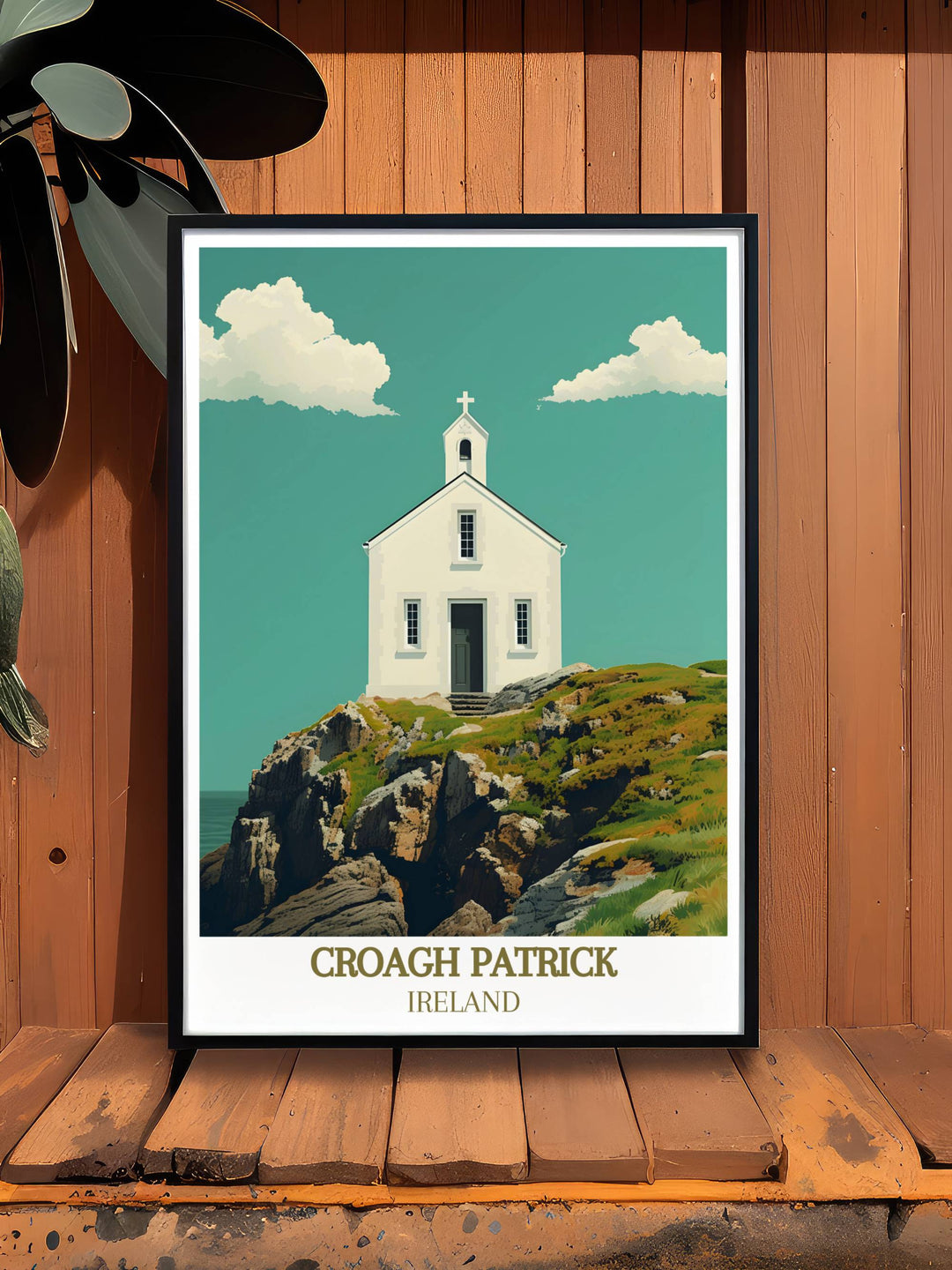 Experience the spiritual journey of the Croagh Patrick Trail with this travel poster depicting the majestic mountain and the historic St Patricks Church. Ideal for those who appreciate Ireland Catholic themes and Irish wall art.
