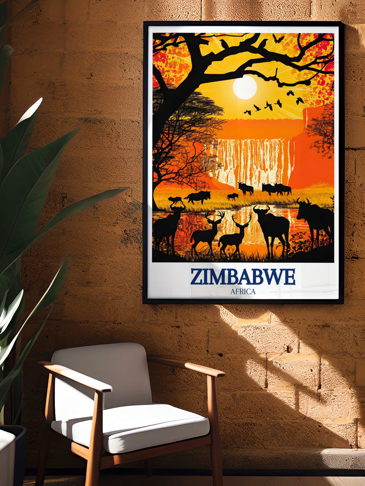 Celebrate the majesty of Zimbabwes landscapes with this art print of Victoria Falls and Hwange National Park. Whether youve visited these landmarks or dream of traveling there, this poster is a perfect reminder of Zimbabwes incredible beauty.