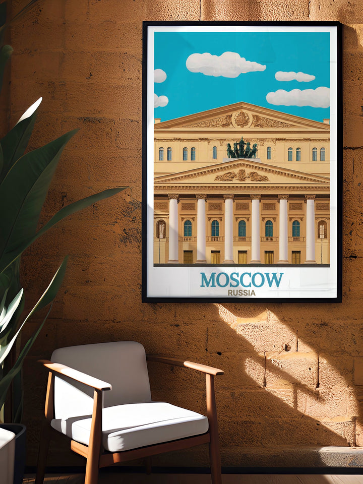 Detailed Bolshoi Theatre poster in vibrant colors and intricate design ideal for Moscow enthusiasts looking to enhance their home decor with a piece of Russias rich cultural heritage and stunning architecture.