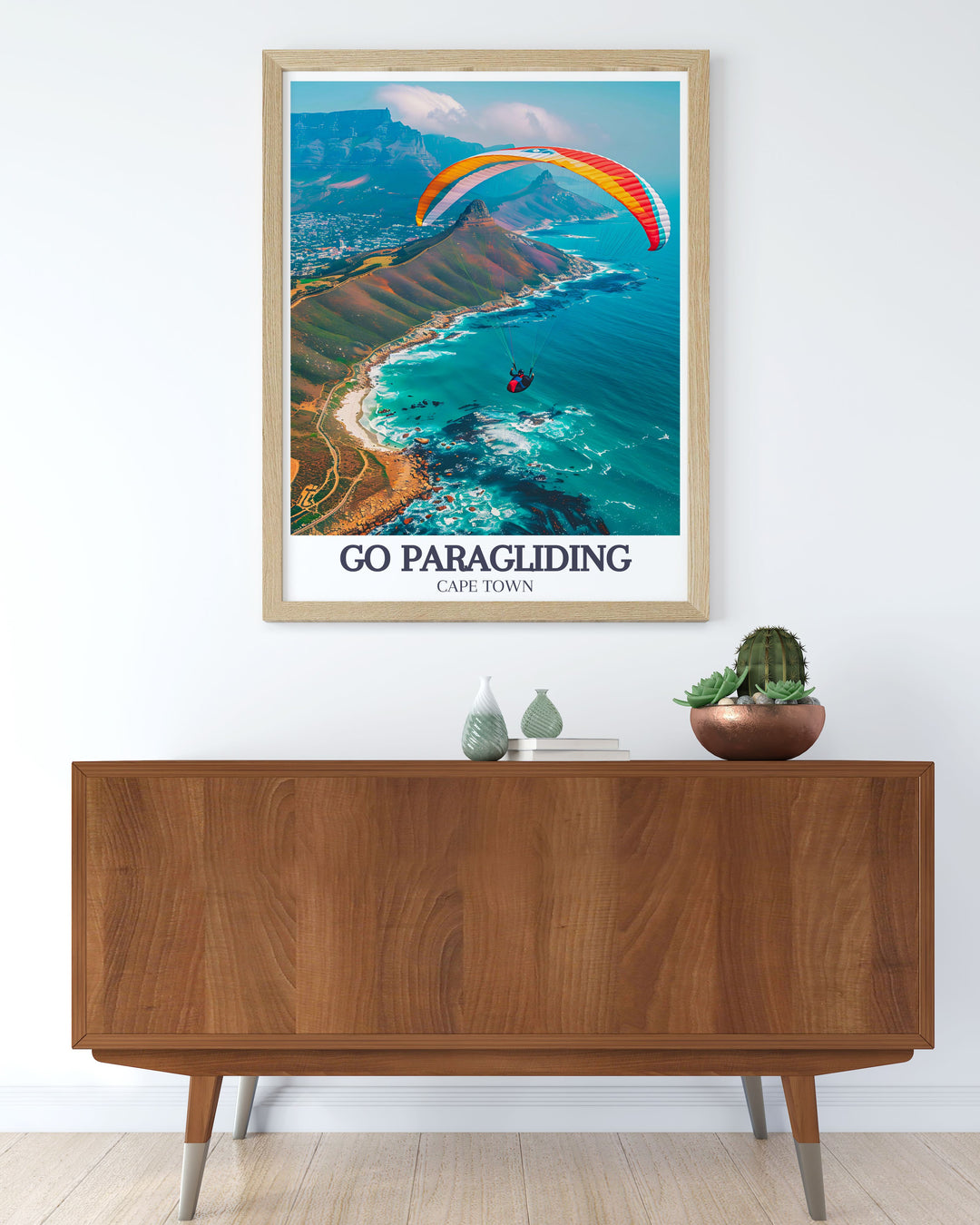 Framed art print of paragliding over Cape Town, illustrating the dynamic experience and scenic beauty of this outdoor sport. Ideal for adding an adventurous touch to your interior design.