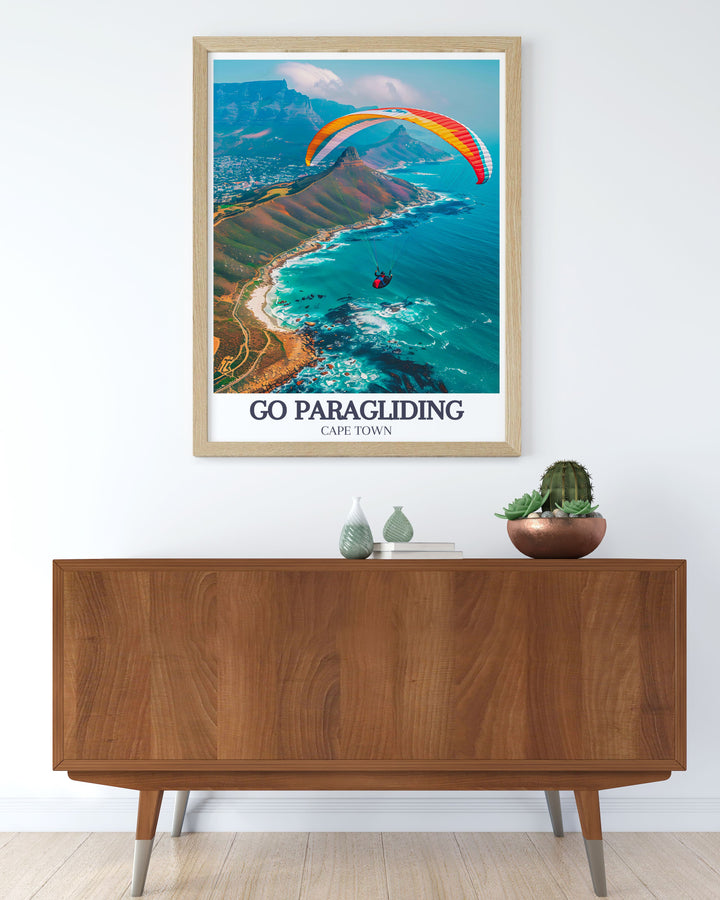 Framed art print of paragliding over Cape Town, illustrating the dynamic experience and scenic beauty of this outdoor sport. Ideal for adding an adventurous touch to your interior design.