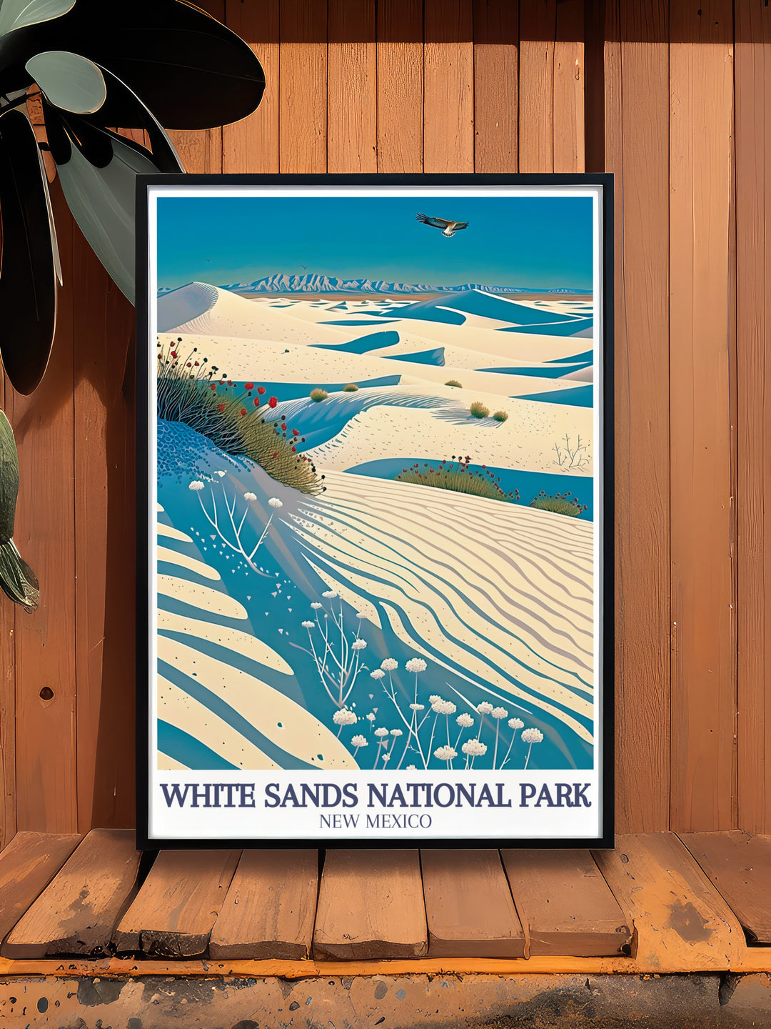 Captivating White Sands artwork with the iconic Sacramento Mountains and the expansive Chihuahuan Desert an ideal choice for national park enthusiasts and nature lovers looking for stunning prints and elegant home decor to elevate any room.