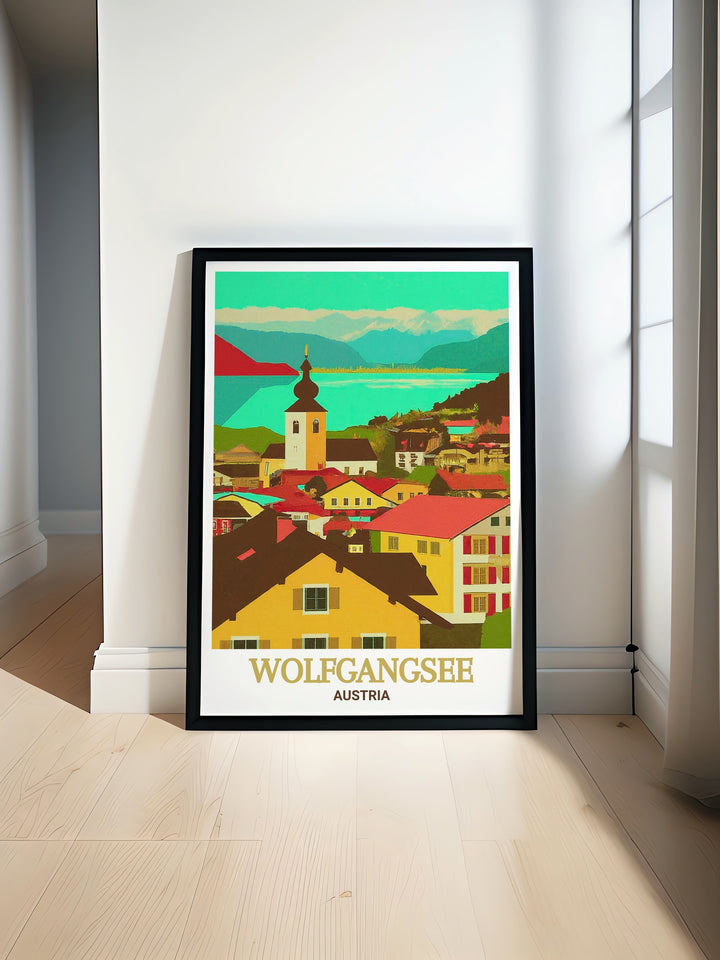 Scenic poster of Wolfgangsee and St. Gilgen, featuring the picturesque views and serene environment. This artwork is perfect for adding a touch of Austrias natural beauty to your home, making it a great choice for anyone who appreciates fine art and travel.