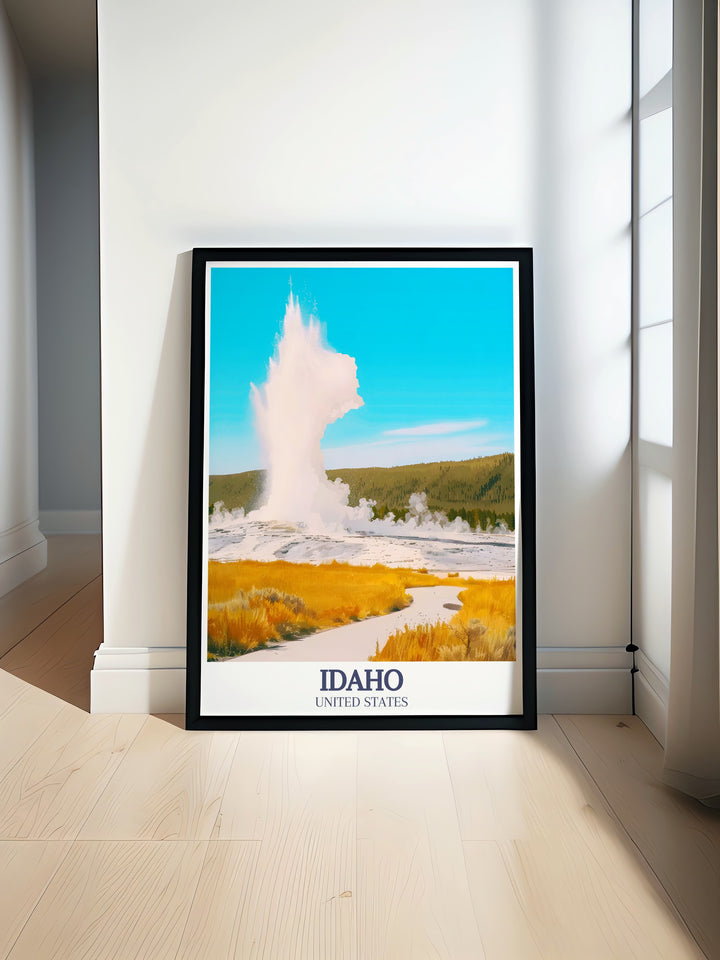 Celebrate Idahos natural beauty with this travel print of Old Faithful Geyser. Known as one of the most reliable geysers in the world, this poster captures its majestic eruptions, making it a great addition to any adventure lovers wall art collection.