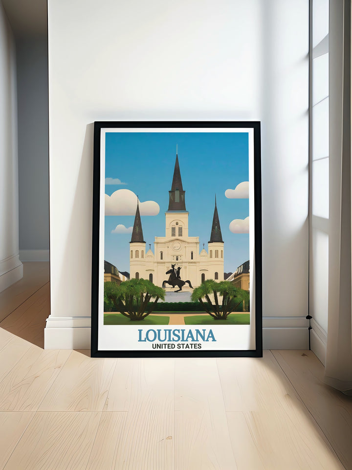 A travel print showcasing the grandeur of St. Louis Cathedral in New Orleans, Louisiana. The artwork highlights the iconic spires of the cathedral along with the lively atmosphere of Jackson Square, making it an ideal addition to any home decor for those who admire New Orleans charm.