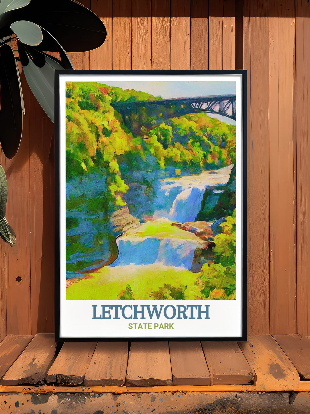 Elegant print of Upper Falls, capturing the natural majesty and powerful ambiance of one of Letchworth State Parks most iconic locations. The detailed illustration and vibrant colors make this print a beautiful addition to any home decor.