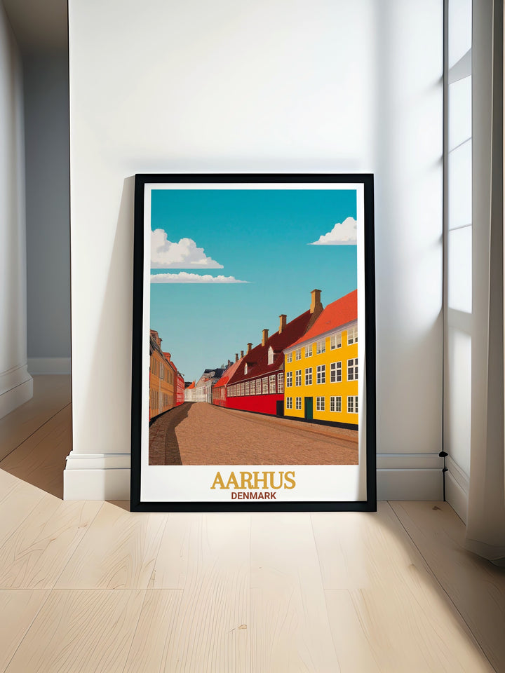 Den Gamle By travel poster showcasing the historic charm of Aarhus Denmark. Perfect for those who love Aarhus travel and Denmark wall art. This stunning Aarhus wall art brings a piece of Danish heritage into your home decor and makes a thoughtful Aarhus gift.