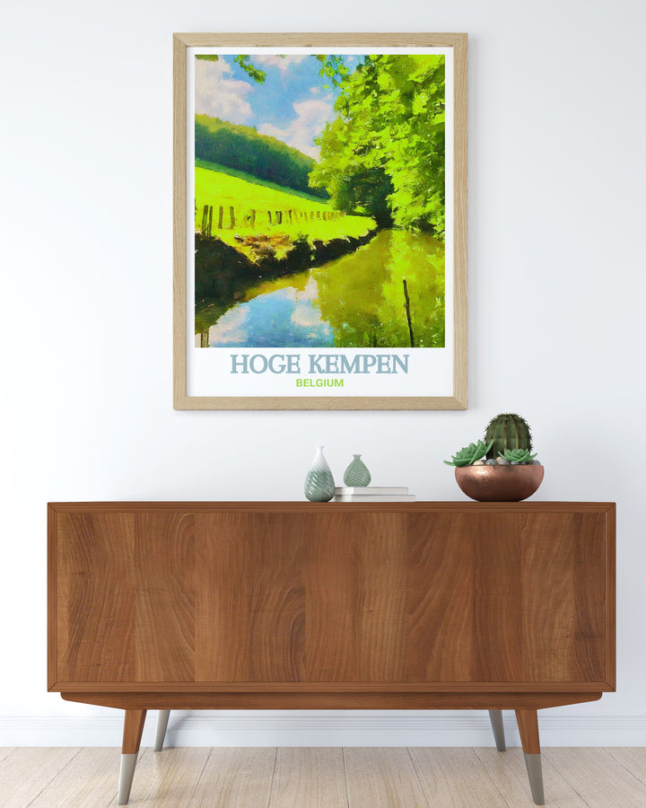 The peaceful beauty of Hoge Kempen and the regenerating landscapes of Vallei van de Kikbeekbron are vividly depicted in this Belgium travel print, offering a glimpse into the countrys most serene natural areas.