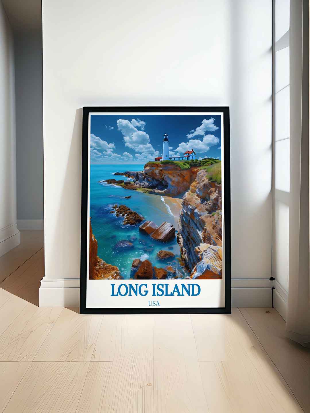 This travel poster beautifully depicts the diverse beauty of Long Island and the historic allure of Montauk Point Lighthouse, ideal for adding a touch of New Yorks coastal heritage to any room.